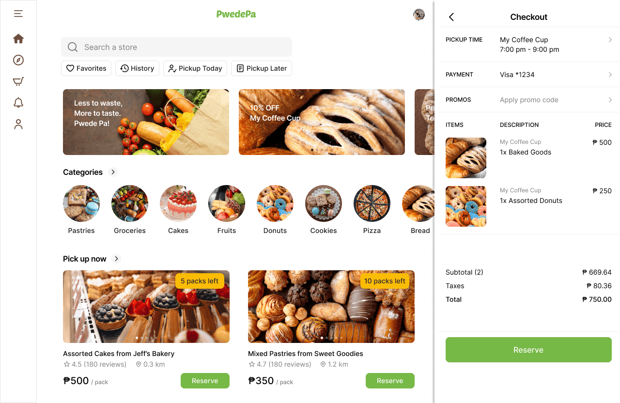 PwedePa web application screenshot showing food rescue platform with available discounted food items